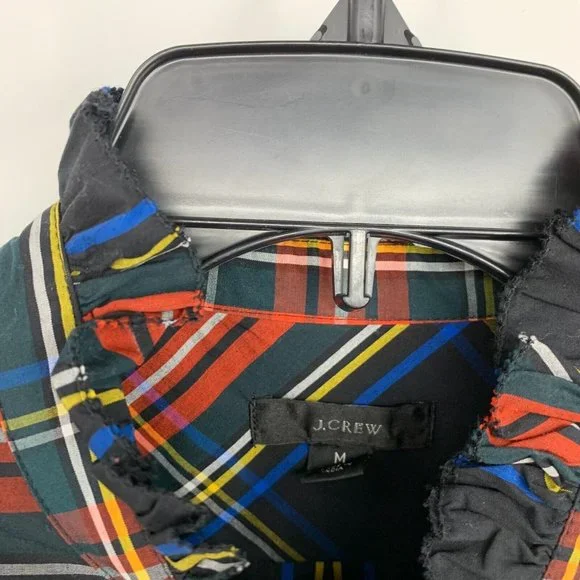 J.Crew Top Black Red Plaid Button Popover Ruffle Long Sleeve - Picture 6 of 13